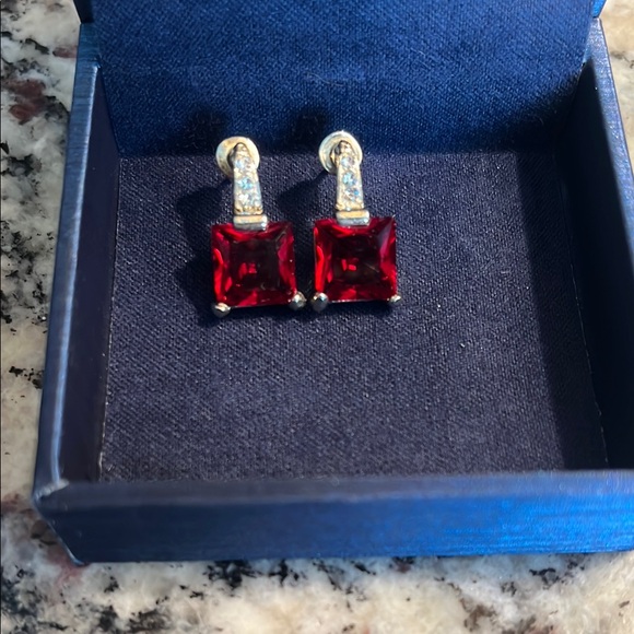 Red and Gold Square-Cut Gemstone Earrings - Picture 1 of 1